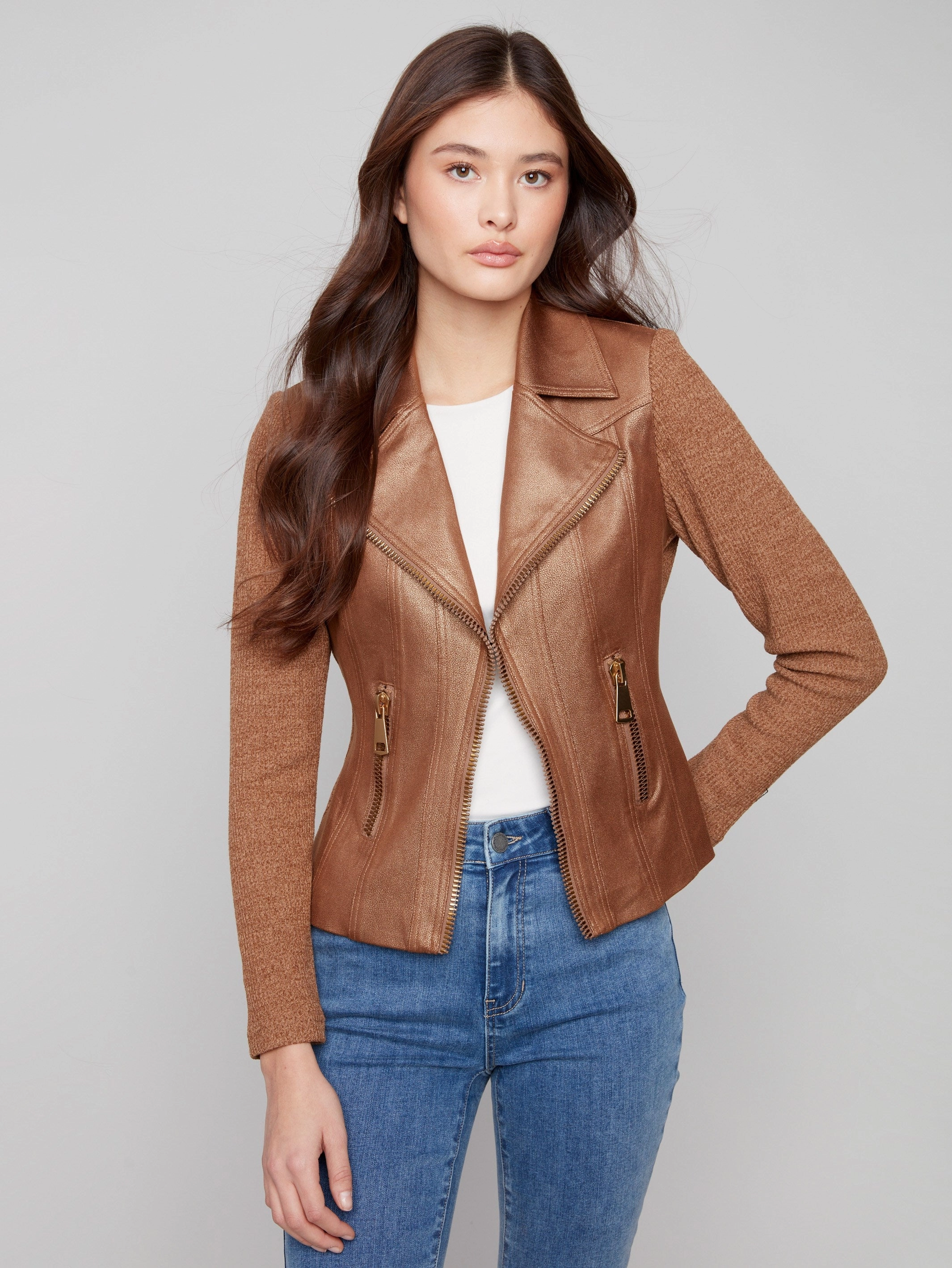 Vintage Metallic Faux Leather And Rib Knit Jacket - Copper Detachable Components Seamless Bonding