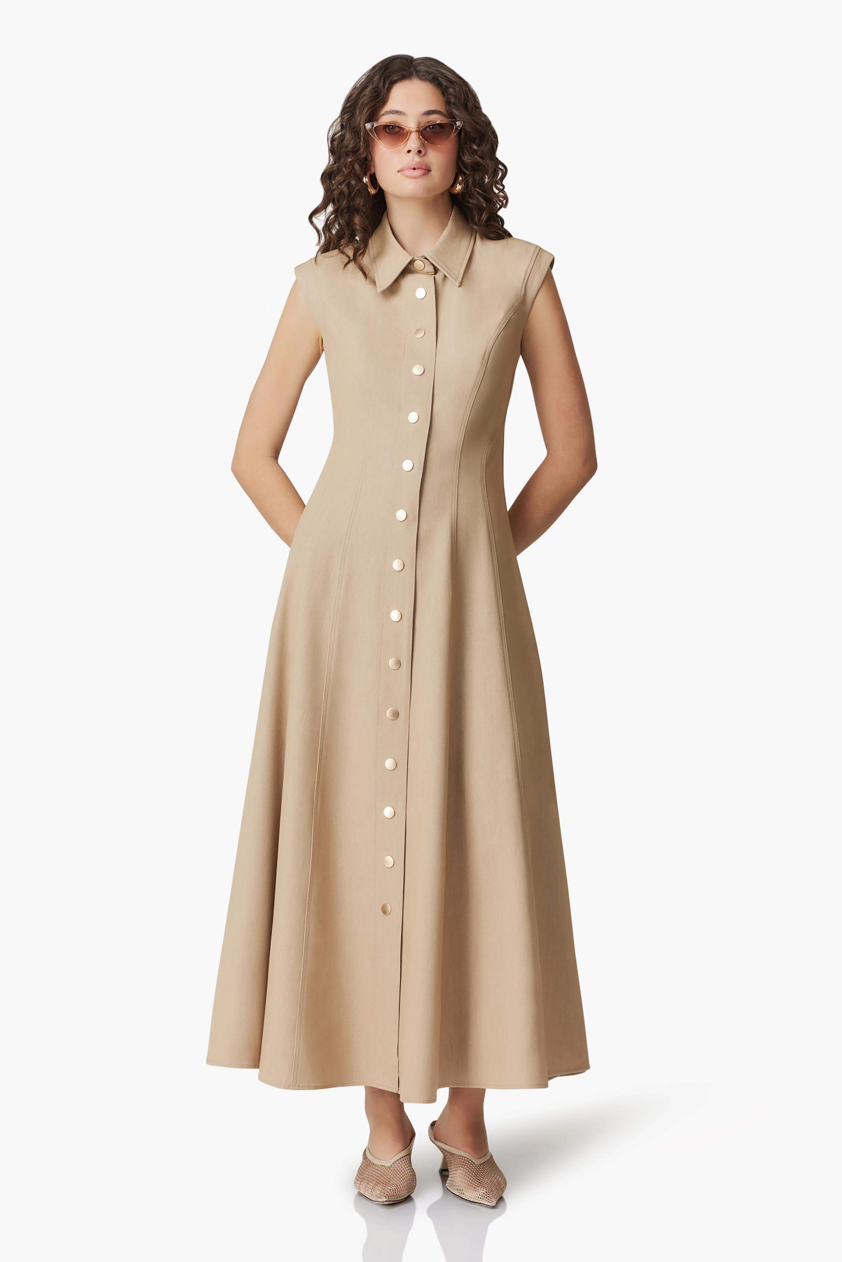 Shimmer-Finish Premium Look CURAAE Gabriella Midi Dress In Beige