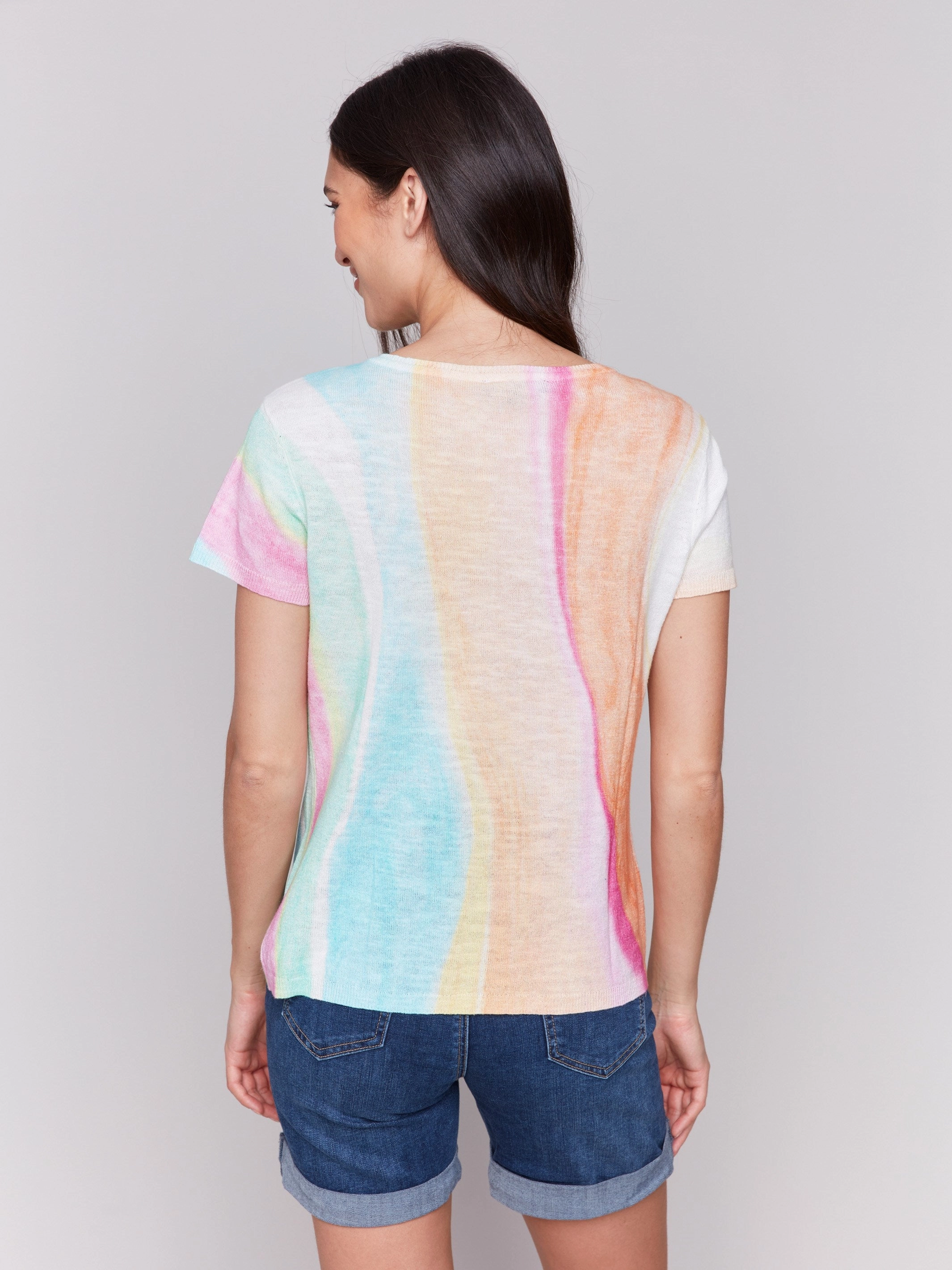 Printed Short Sleeve Linen Blend Sweater - Rainbow Layered Comfort All Day Softness