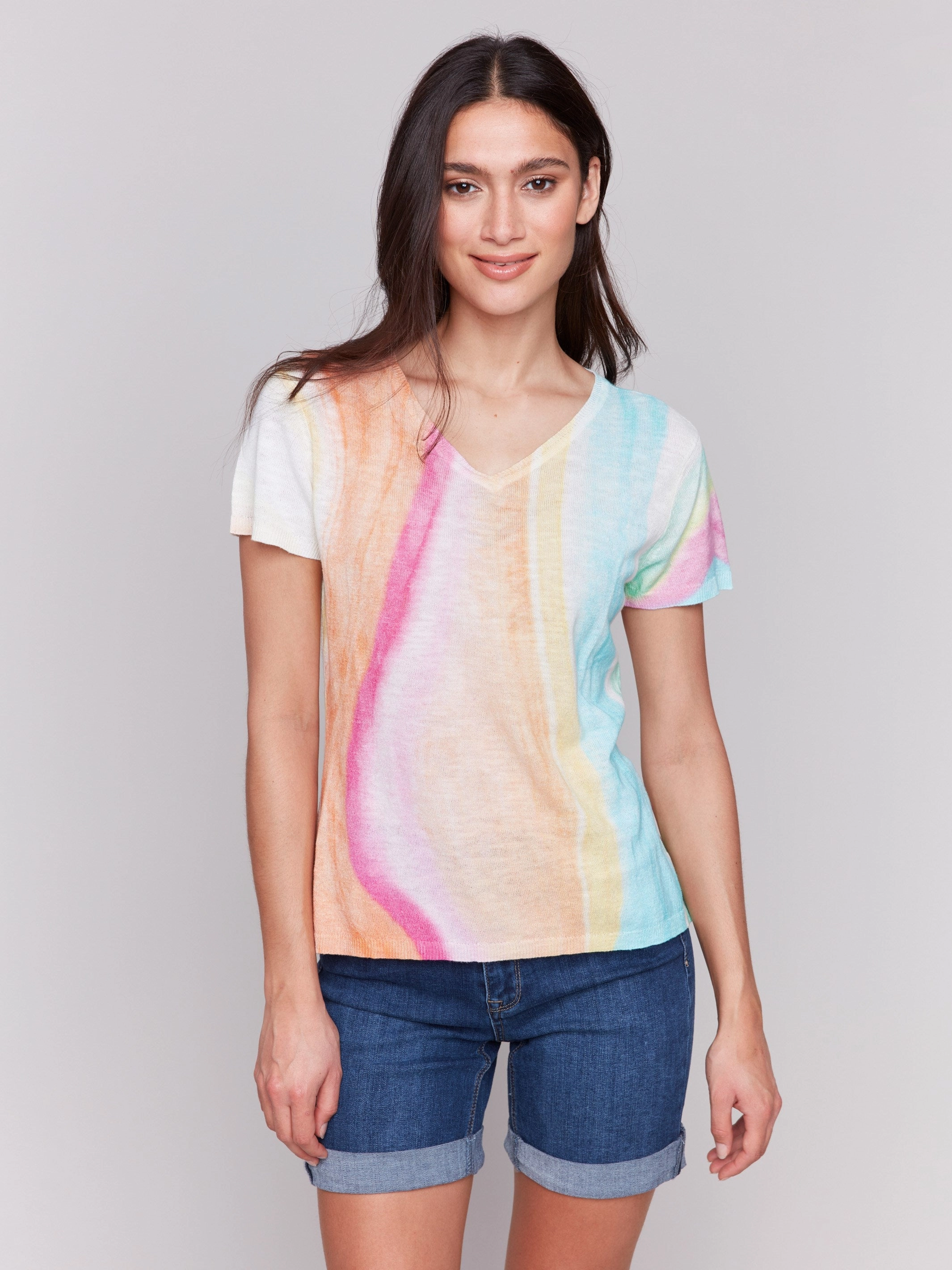 Non Static Fiber Tech Ultimate Layering Printed Short Sleeve Linen Blend Sweater - Rainbow