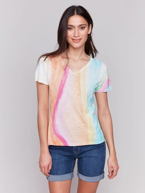 Non Static Fiber Tech Ultimate Layering Printed Short Sleeve Linen Blend Sweater - Rainbow