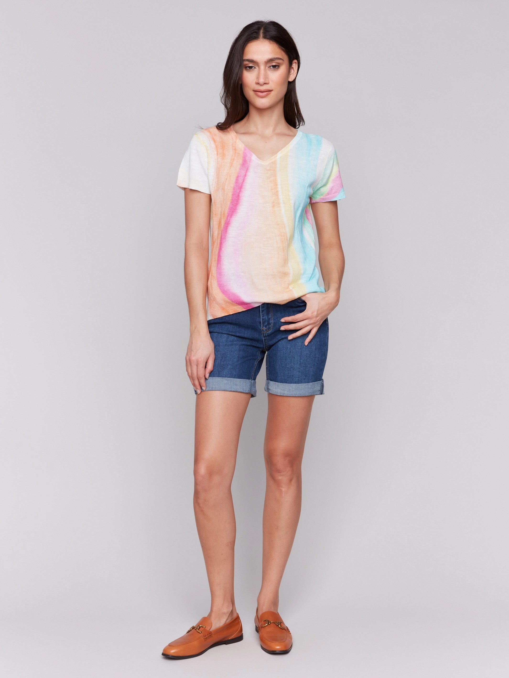 Functional Layer Printed Short Sleeve Linen Blend Sweater - Rainbow