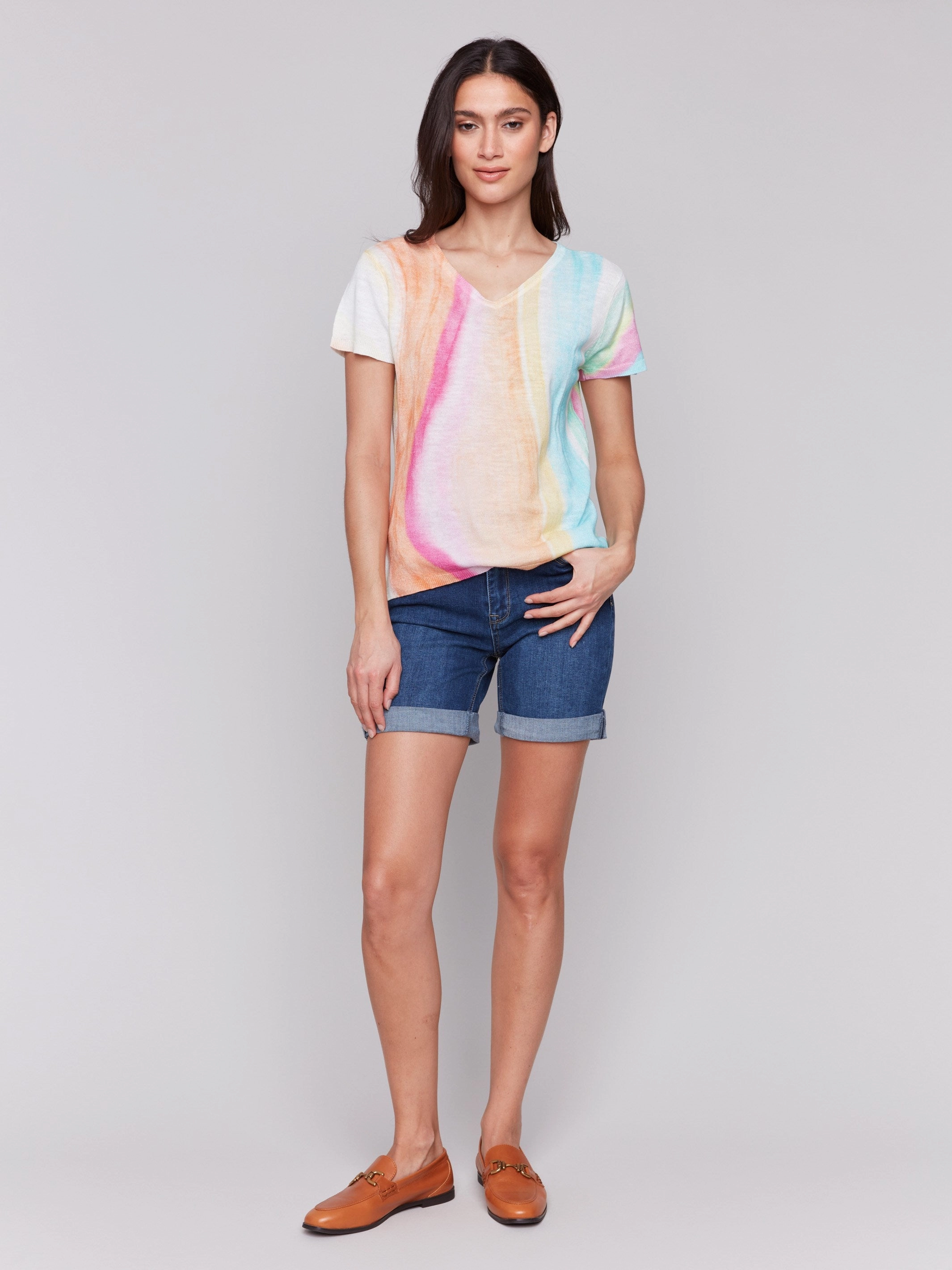 Printed Short Sleeve Linen Blend Sweater - Rainbow Chill Vibes