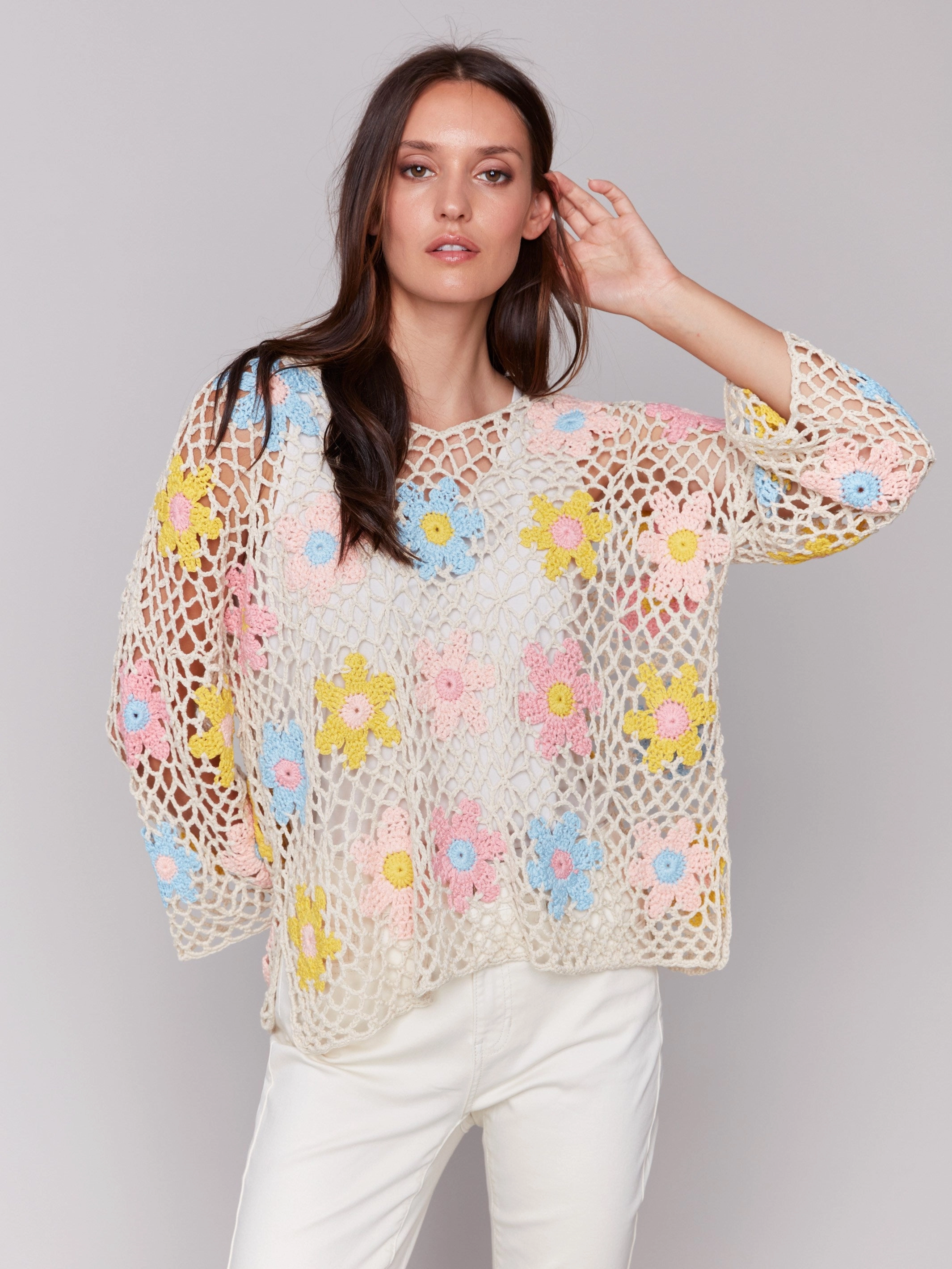 Lightweight insulation Warm and Snuggly Handcrafted Floral Crochet Top - Natural