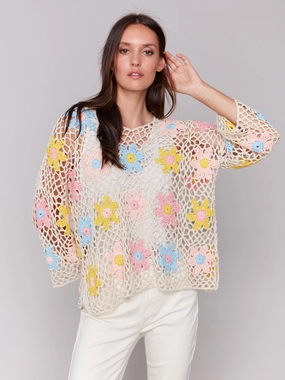 Lightweight insulation Warm and Snuggly Handcrafted Floral Crochet Top - Natural