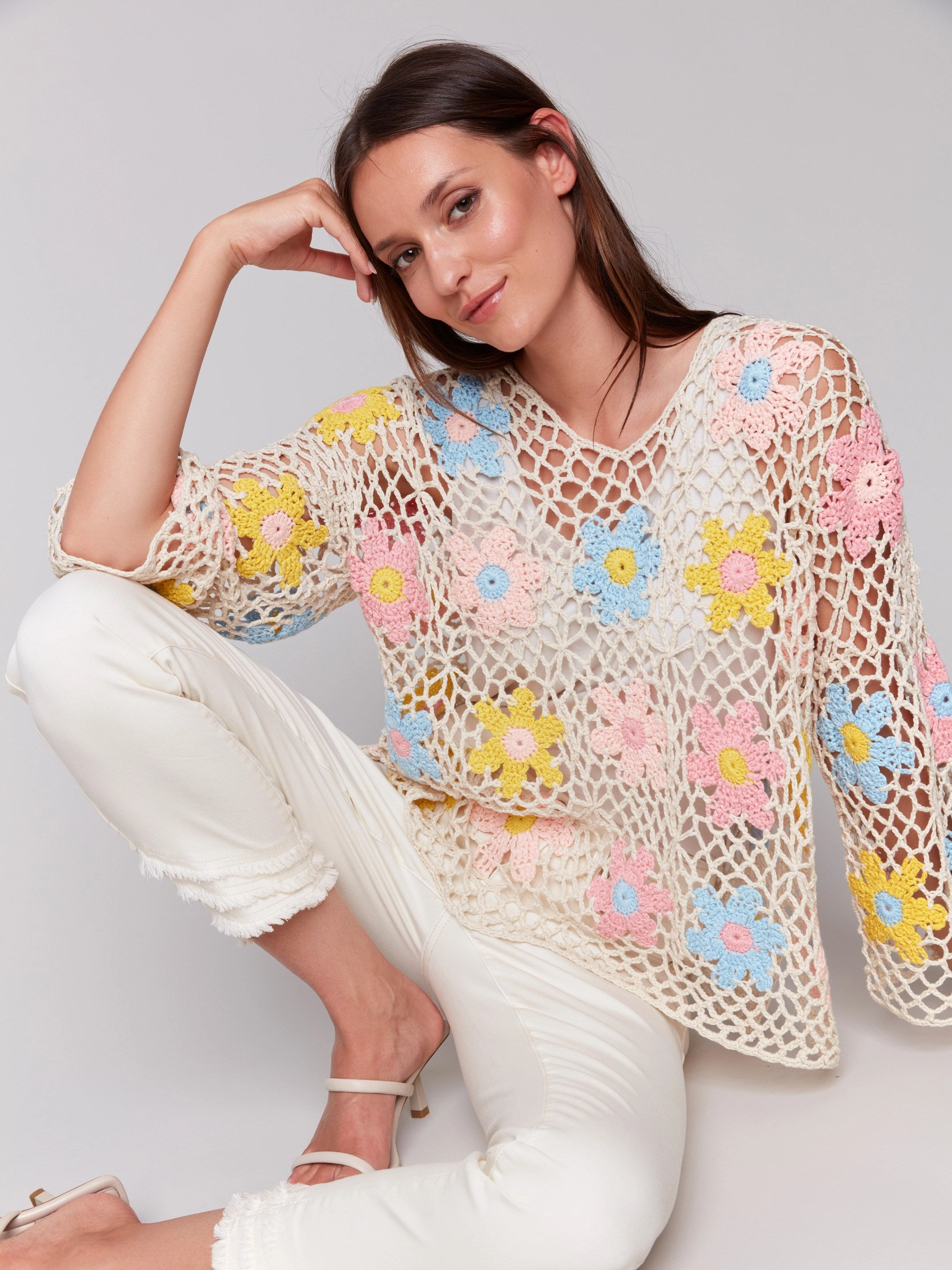 Handcrafted Floral Crochet Top - Natural Textured Knit Multipanel Construction