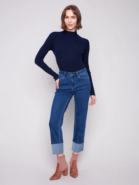 Smart Waistband Wide Cuff Straight Leg Jeans - Indigo
