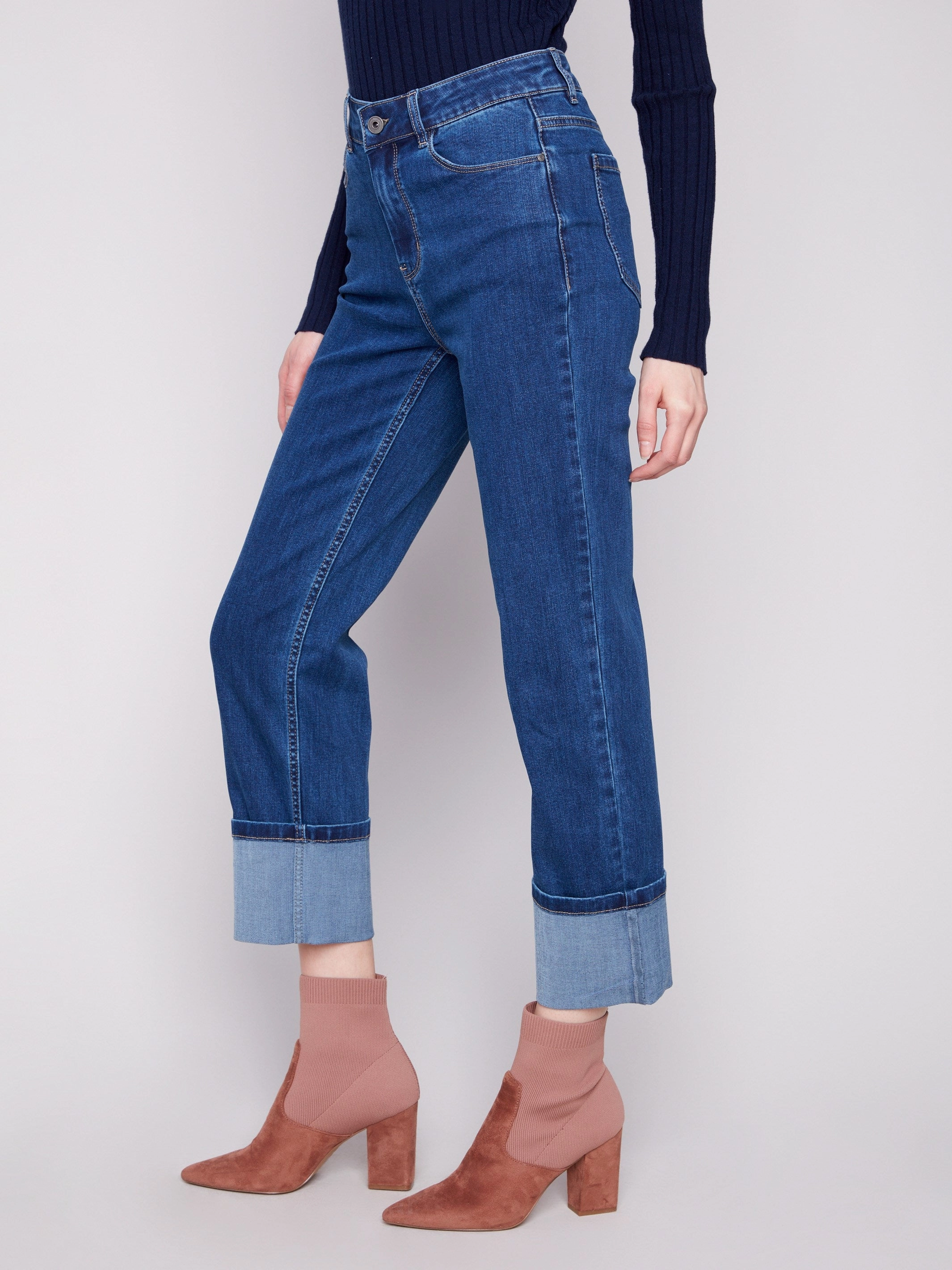 Lightweight Morning Stroll Fashion Lover Versatile Wide Cuff Straight Leg Jeans - Indigo