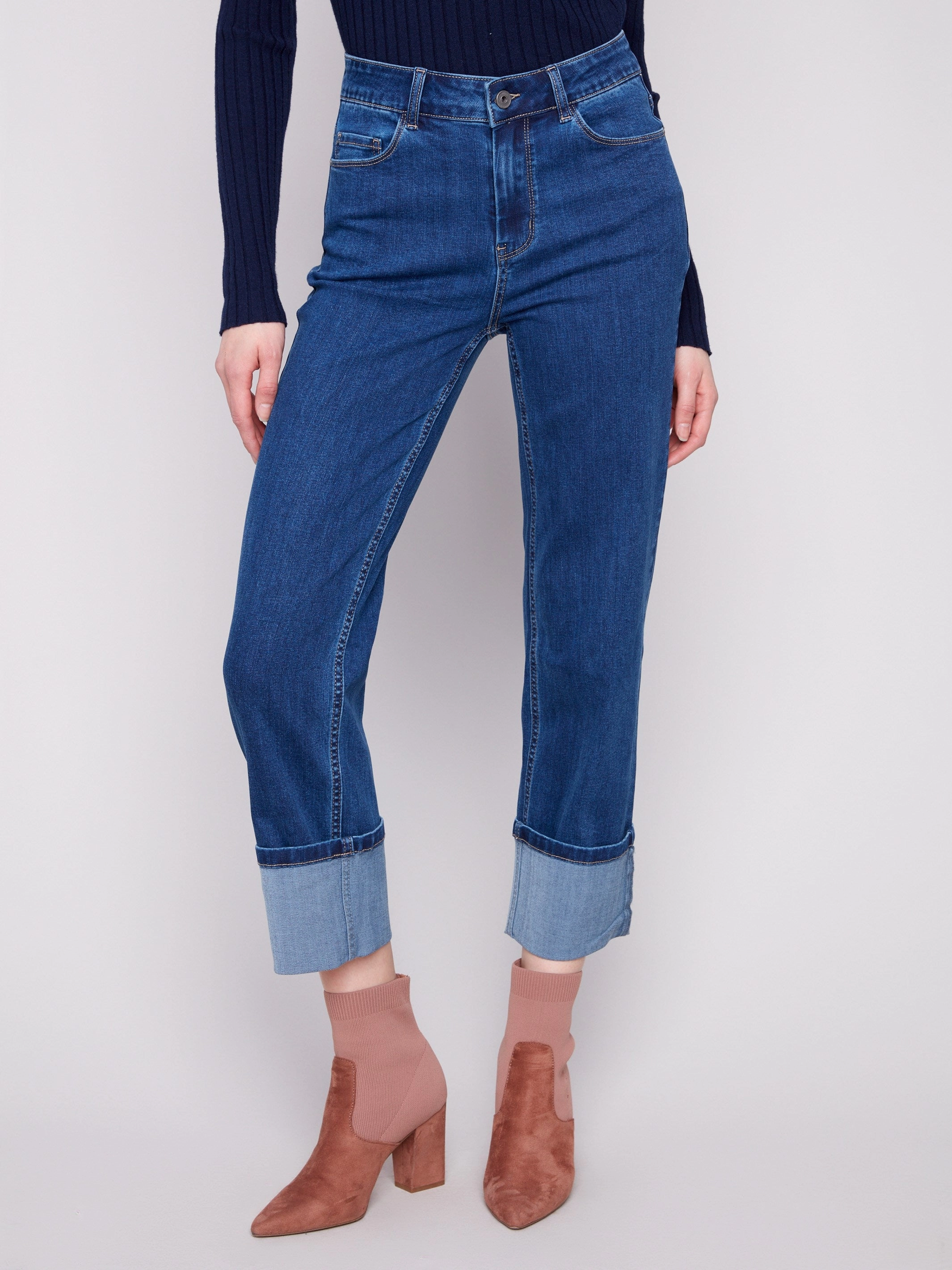 Wide Cuff Straight Leg Jeans - Indigo Neutral Vibrant Chill Outfit