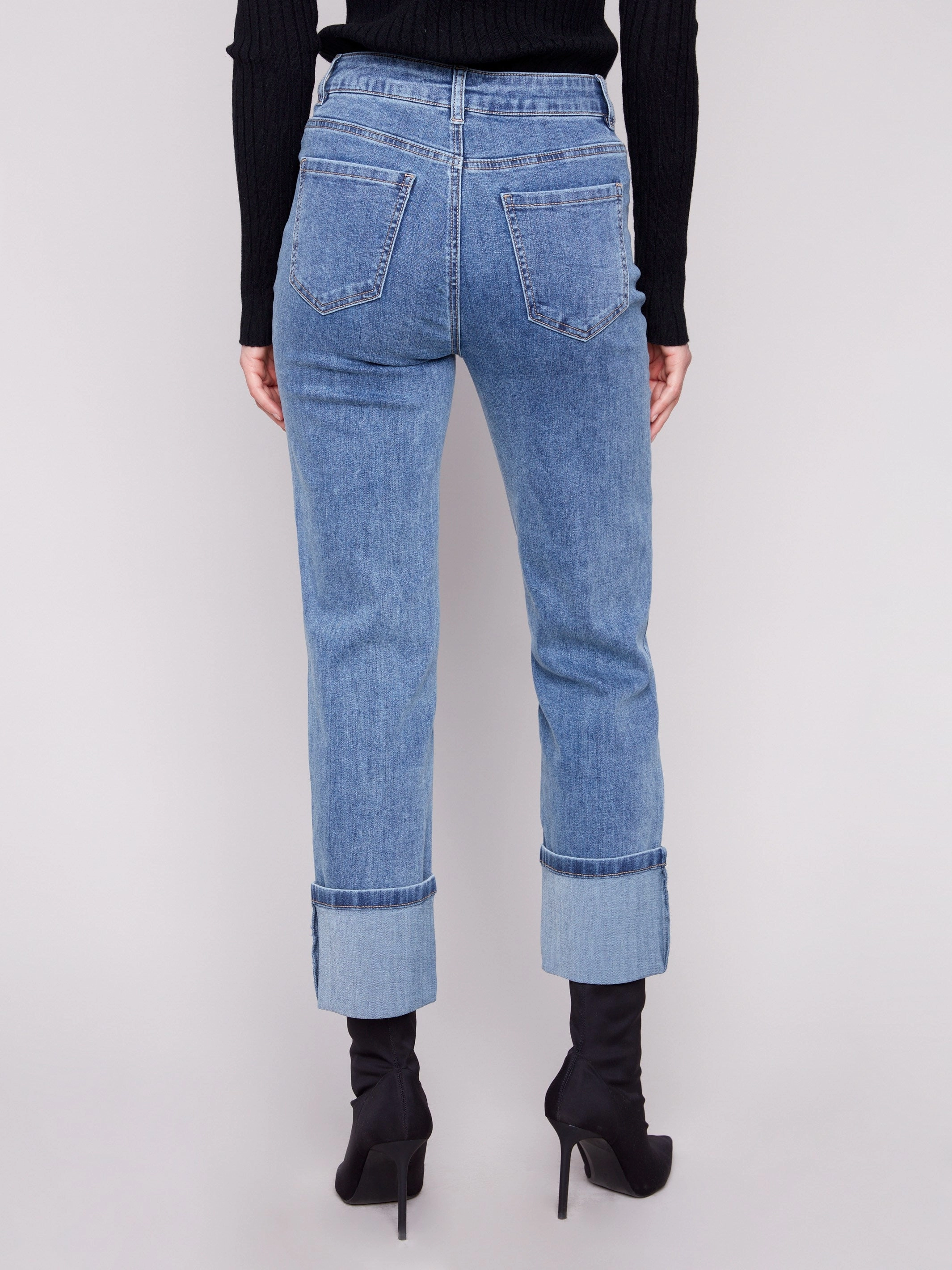 Wide Cuff Straight Leg Jeans - Medium Blue Comfortable Wear