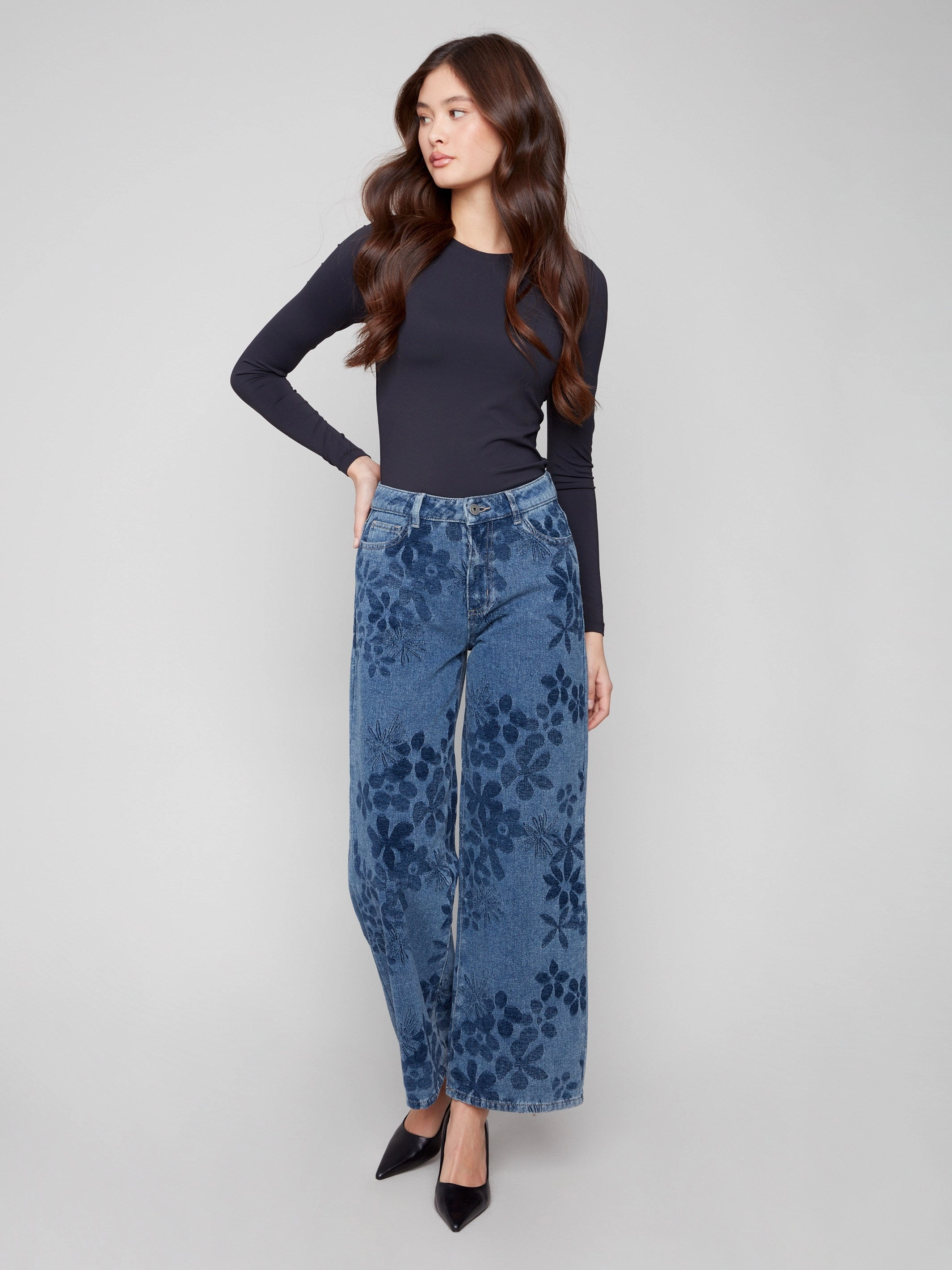 Wide Leg Floral Jeans - Flowers Daily Clothing