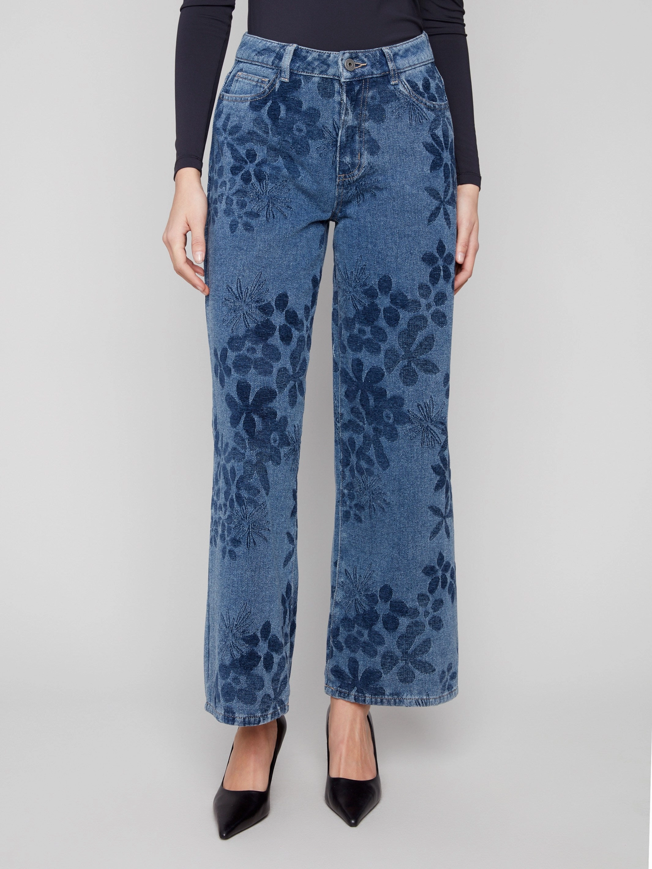 Softened Texture Wide Leg Floral Jeans - Flowers