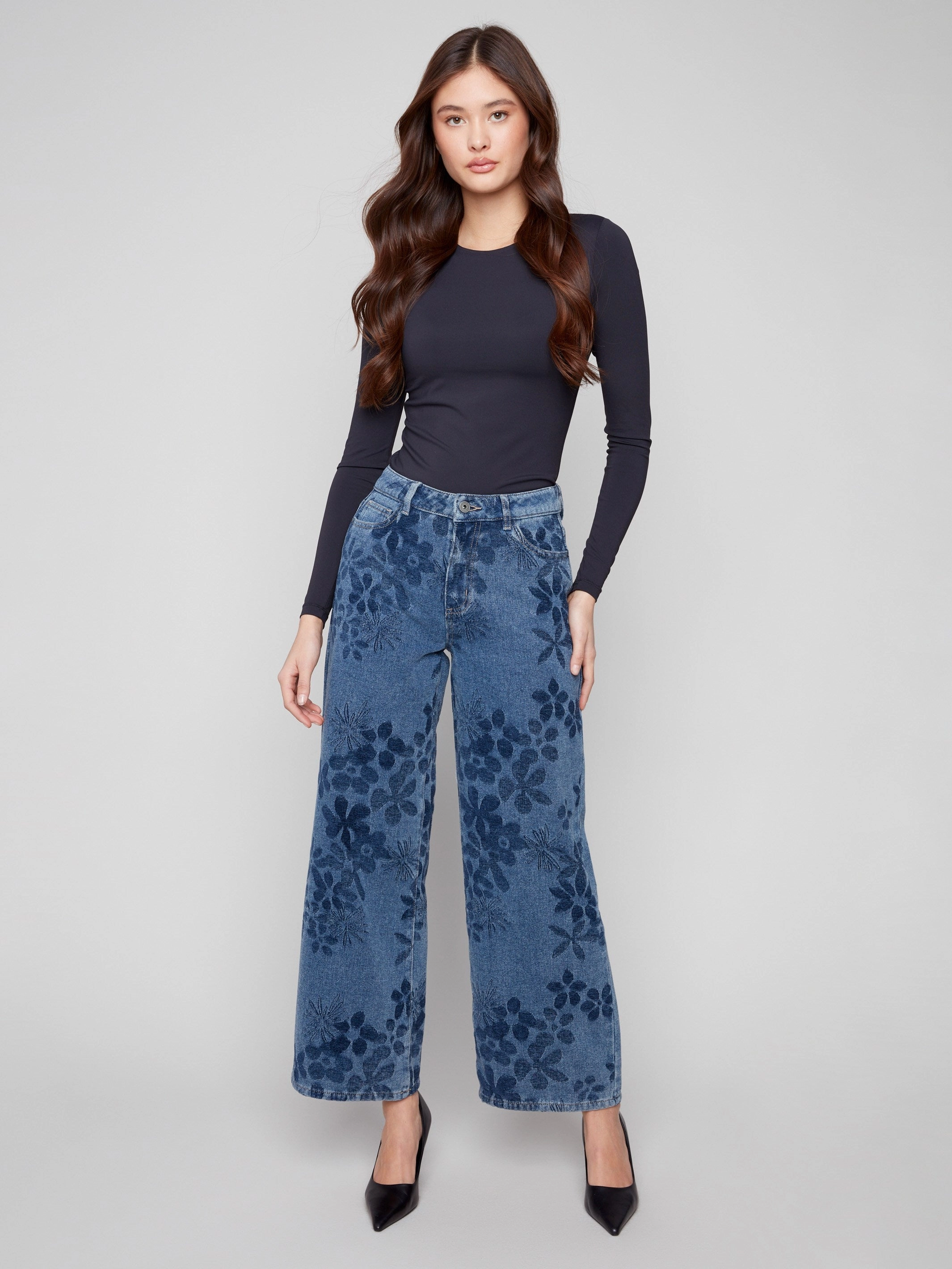 Wide Leg Floral Jeans - Flowers Neutral palette