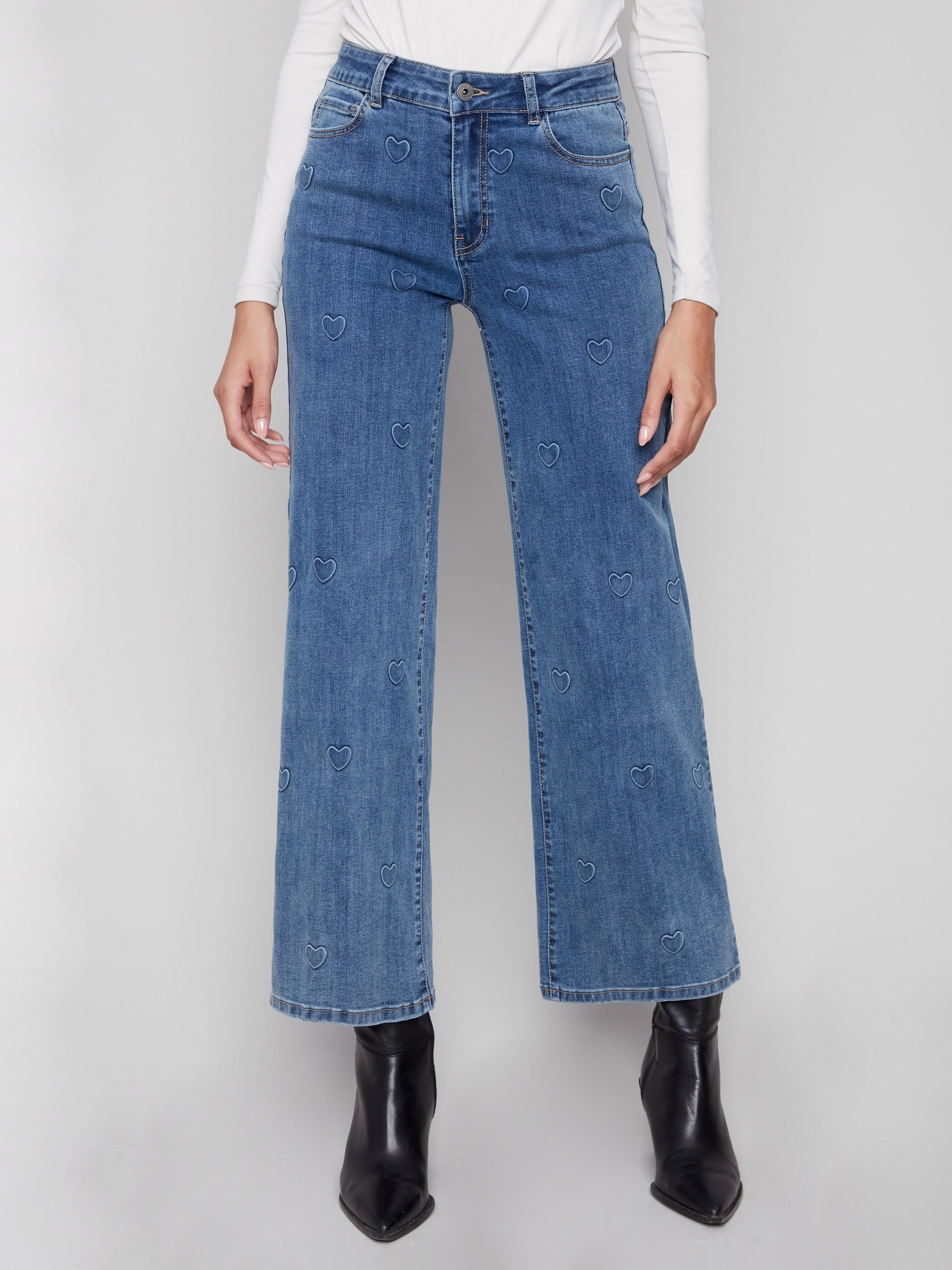 Everyday Favorite Wide Leg Jeans With All-Over Hearts - Denim Hearts