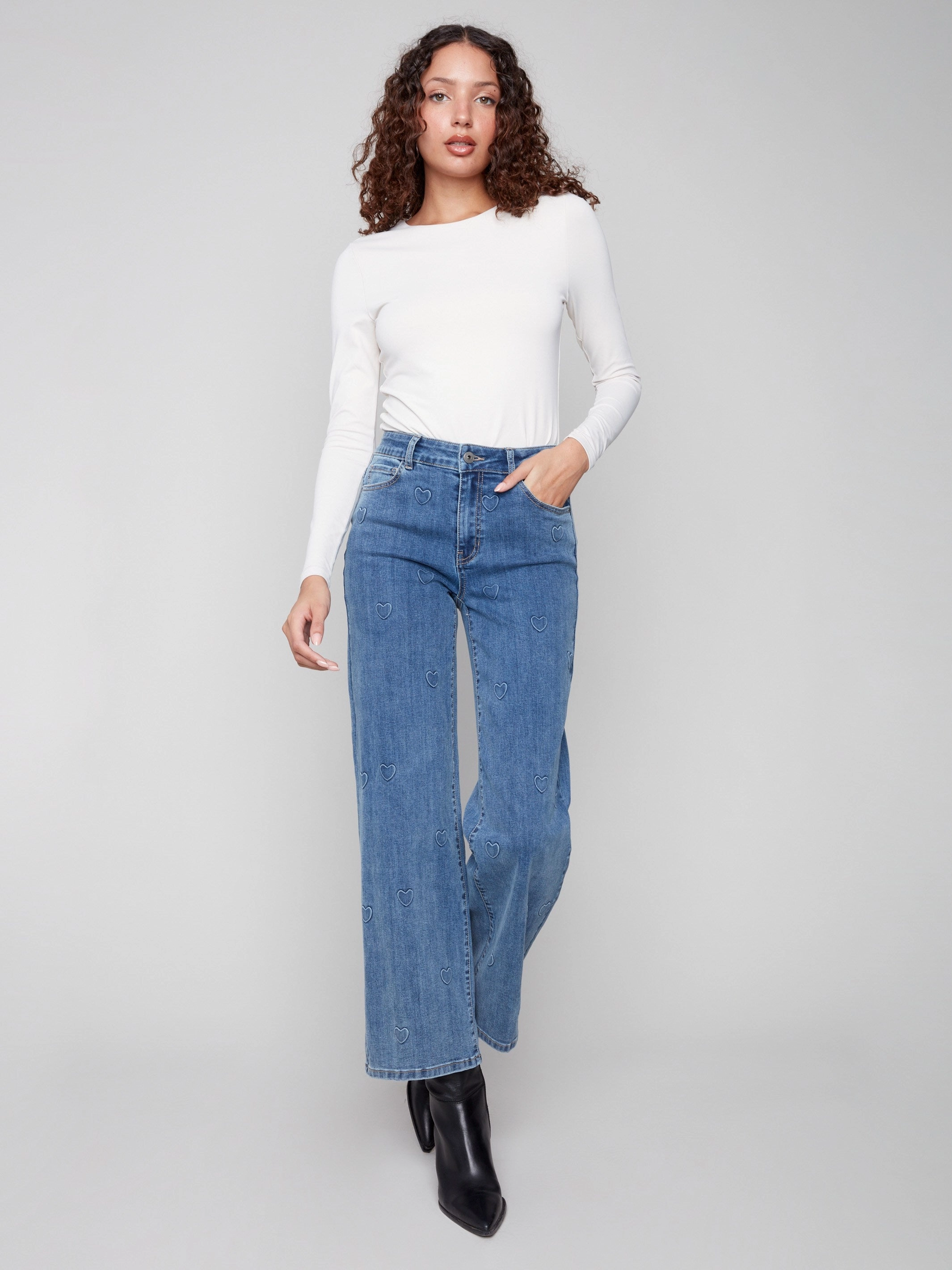 Wide Leg Jeans With All-Over Hearts - Denim Hearts UltraSoft Lining Daily Musthave