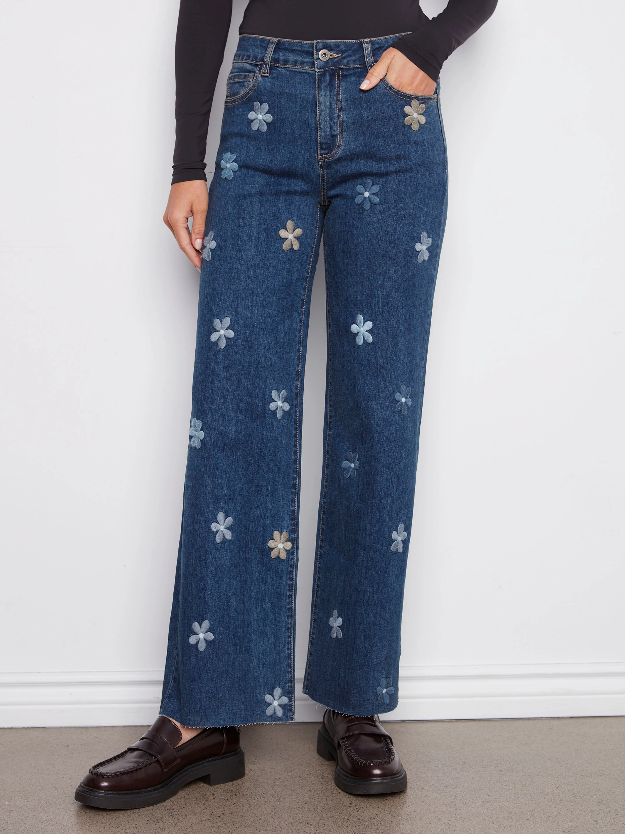 Wide Leg Jeans With Flower Patches - Indigo Tear Resistant Denim