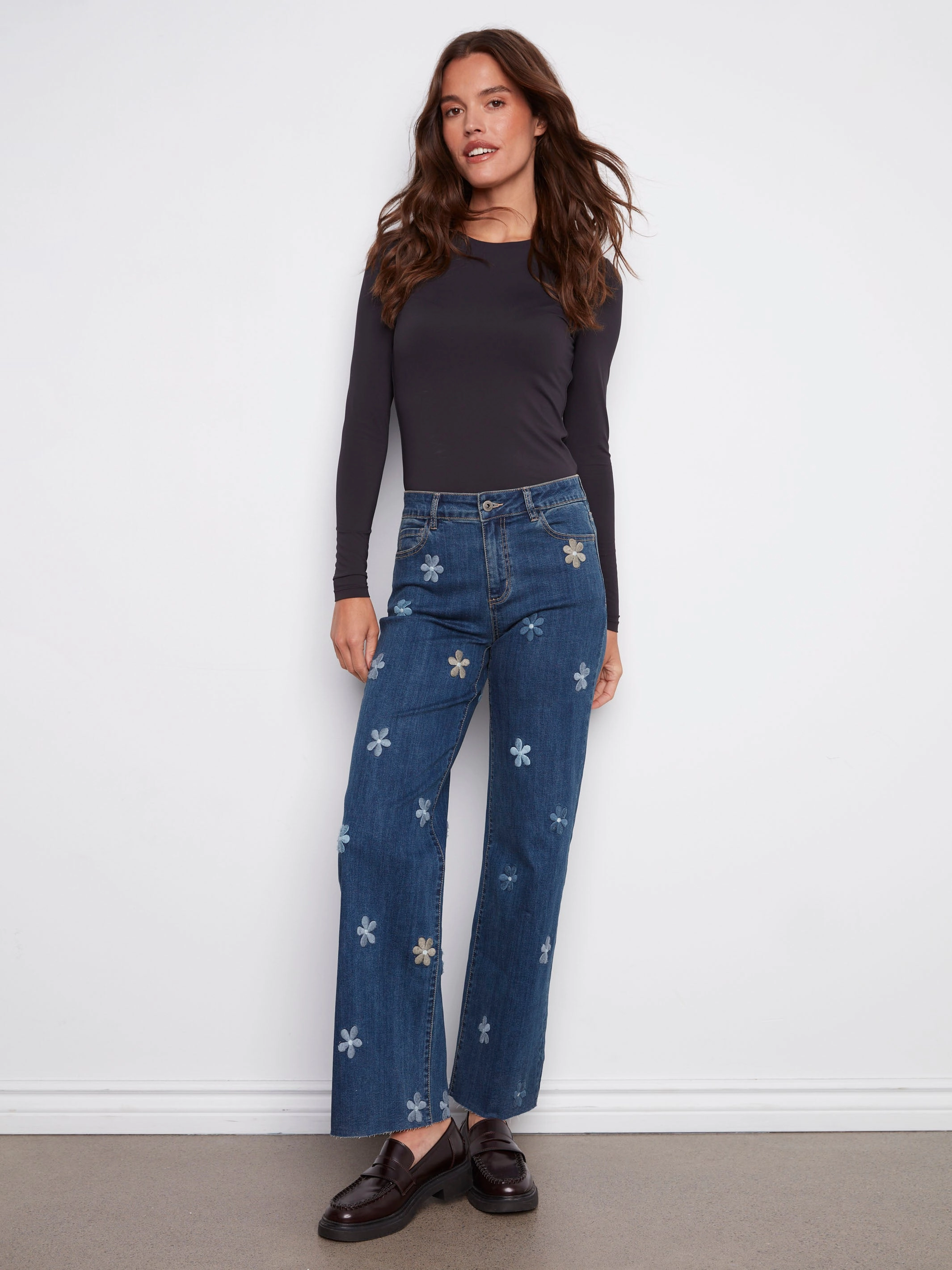 Mood Fit Casual Element Wide Leg Jeans With Flower Patches - Indigo