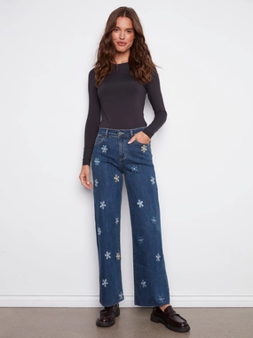 Wide Leg Jeans With Flower Patches - Indigo Fashionable Design Colorfast Dyeing Method