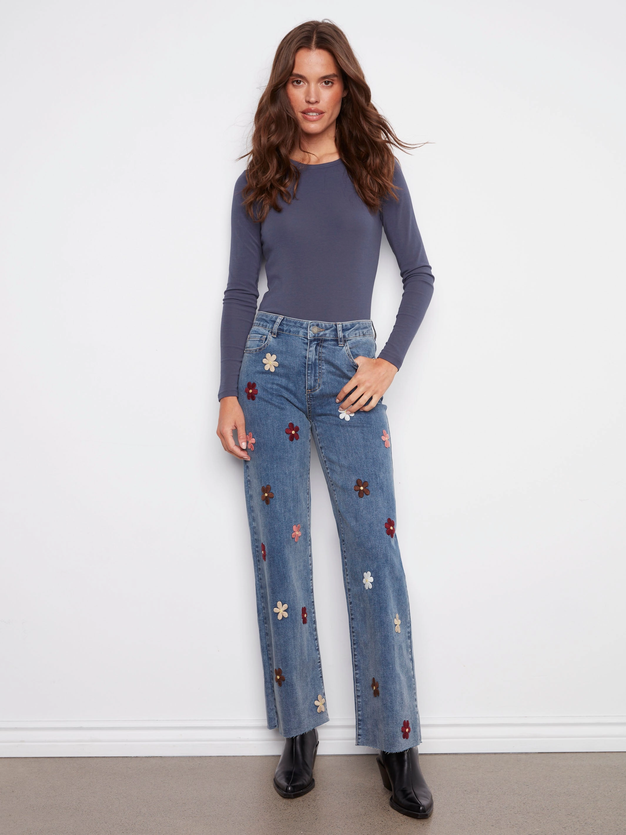 All Rounder Timeless Piece Wide Leg Jeans With Flower Patches - Medium Blue