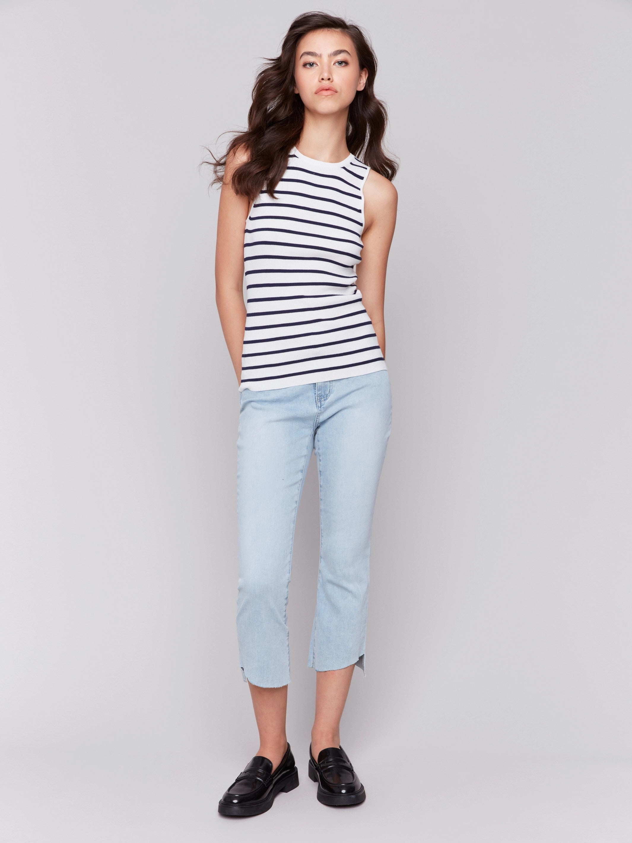 Striped Rib Knit Sleeveless Top - White Comfortable Style Fade Resistant Finish