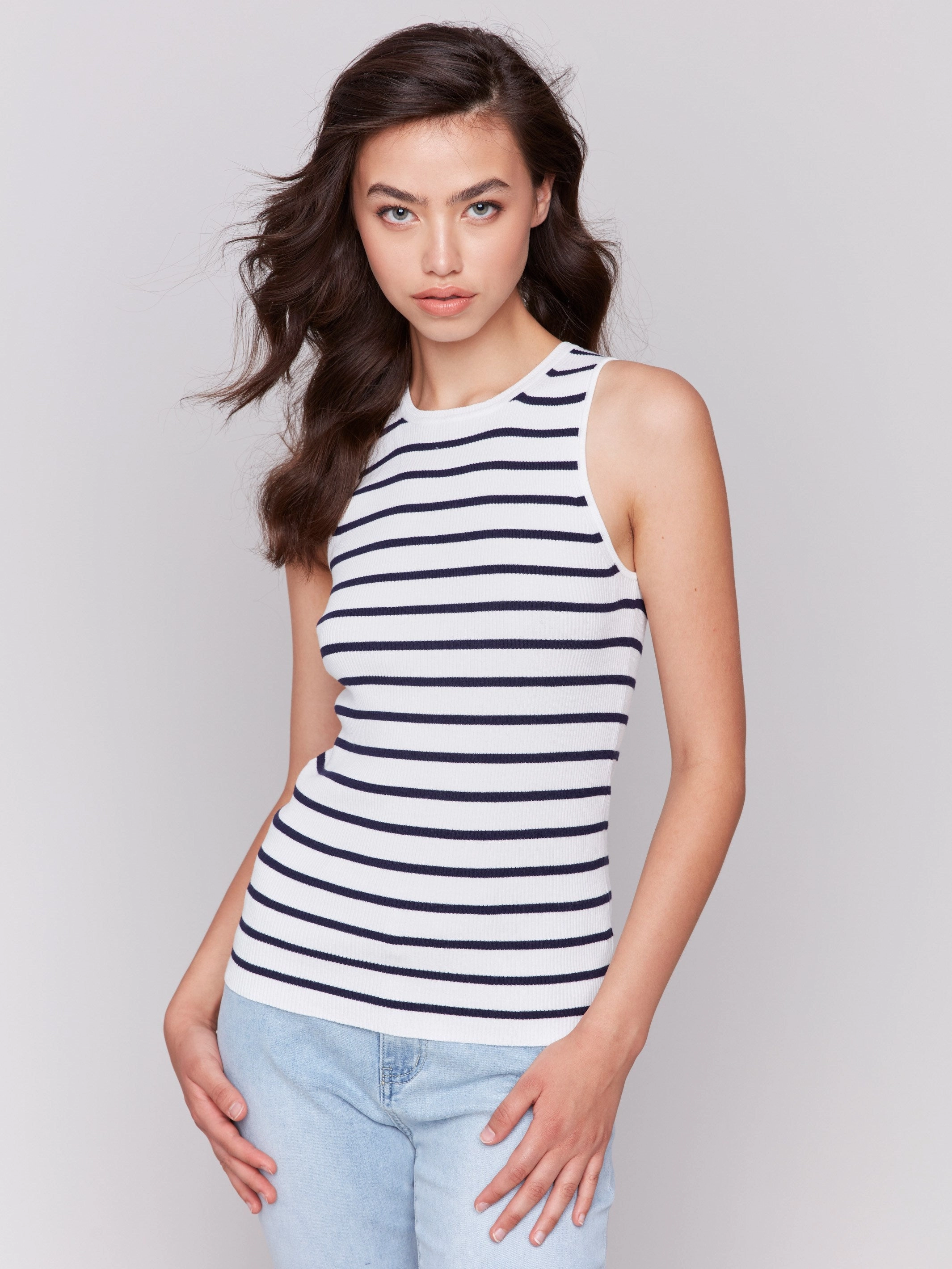 Striped Rib Knit Sleeveless Top - White Heathered Effect