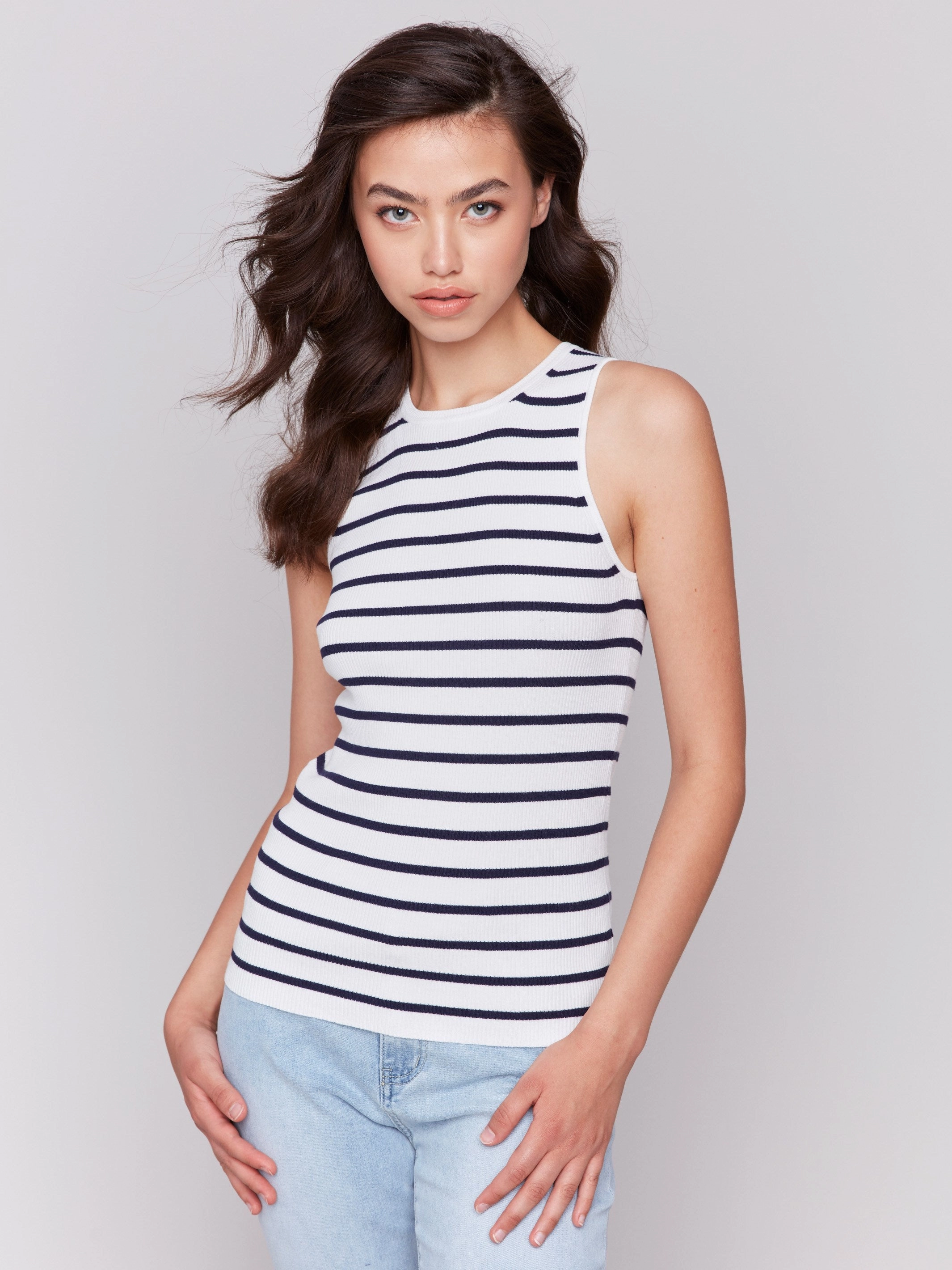 Comfy Performance Fit Striped Rib Knit Sleeveless Top - White