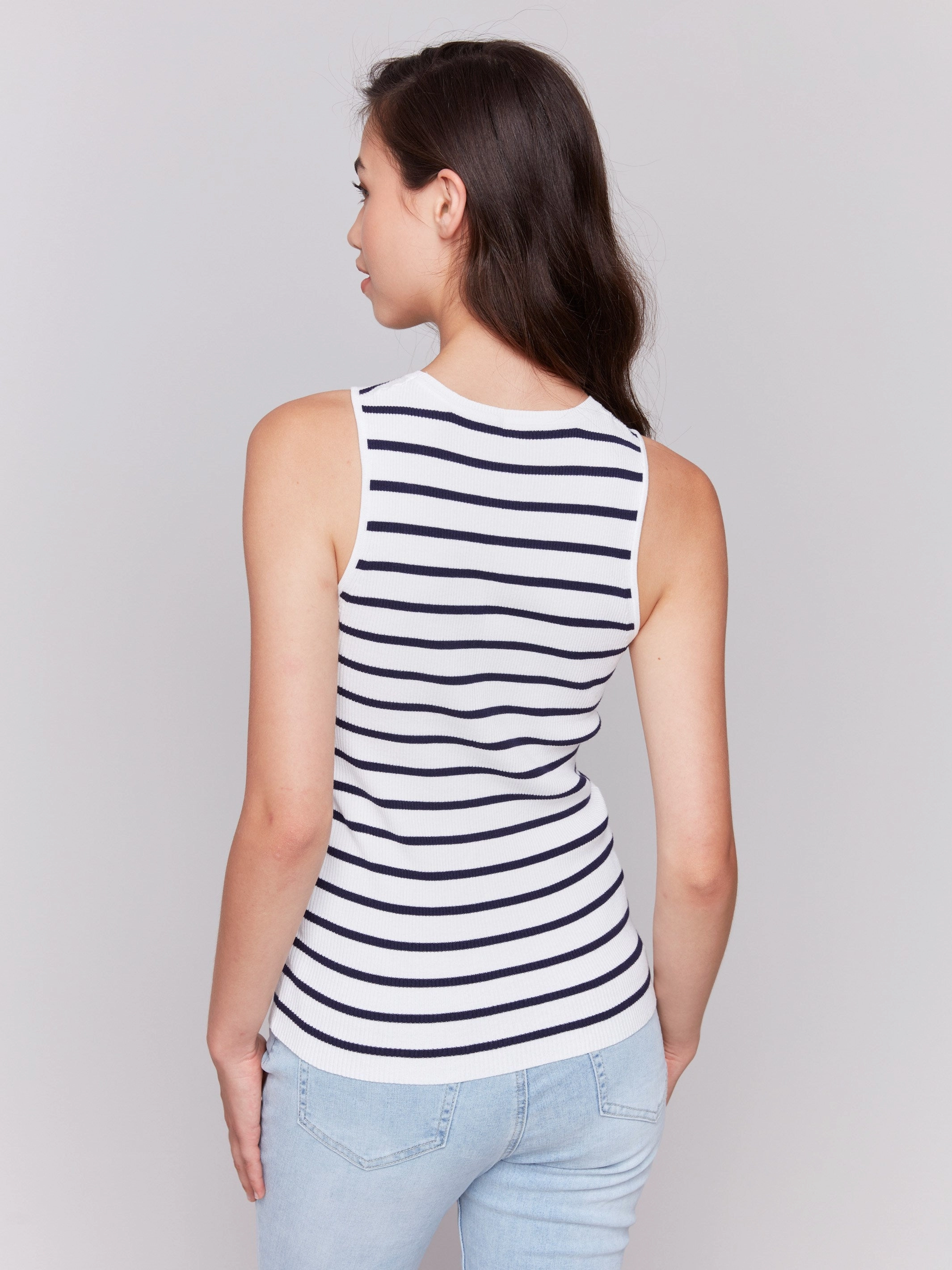 Striped Rib Knit Sleeveless Top - White Layered Design Versatile Layering