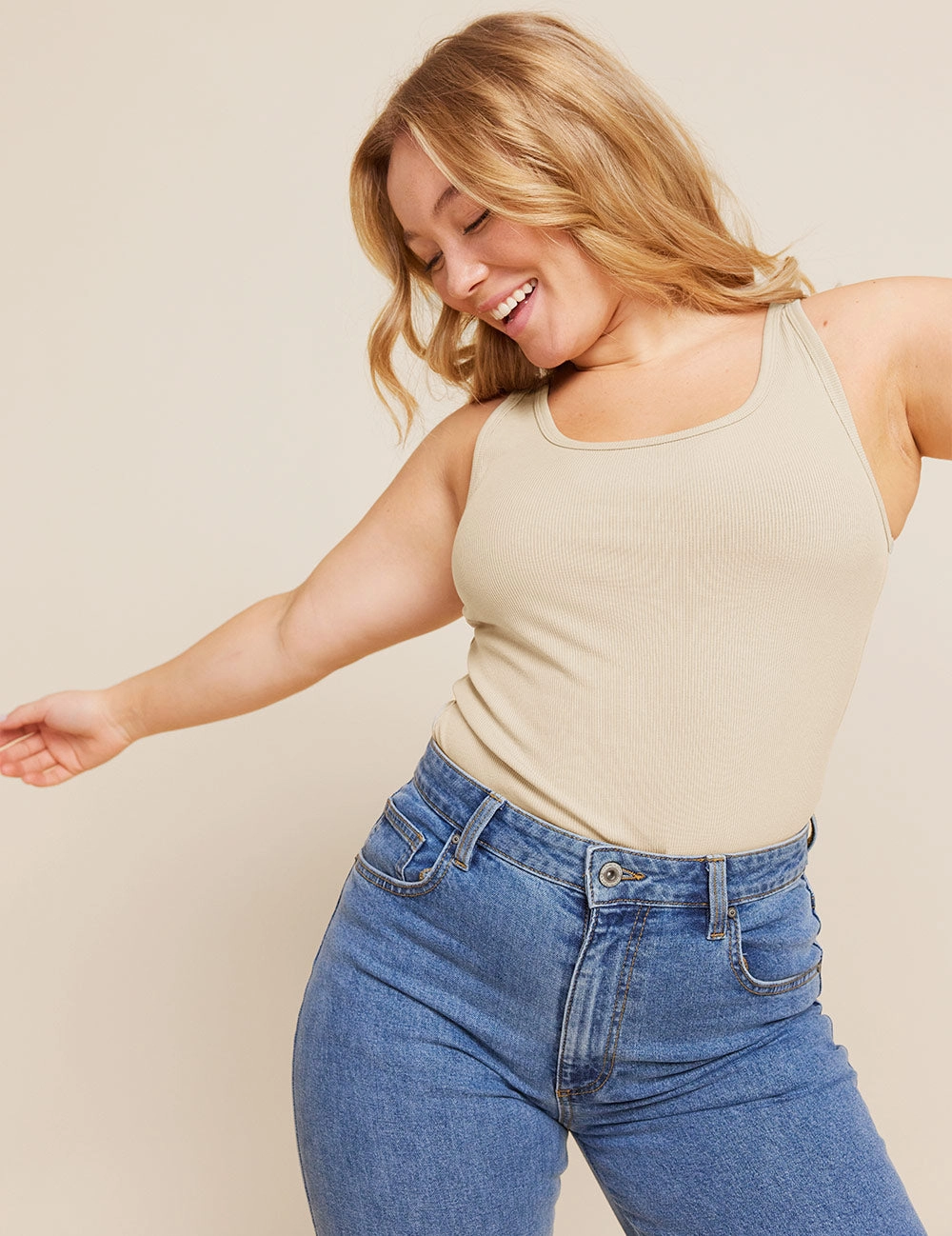 NonRestrictiveCut NoSlipWaistband Women's Ribbed Tank Top - Stone