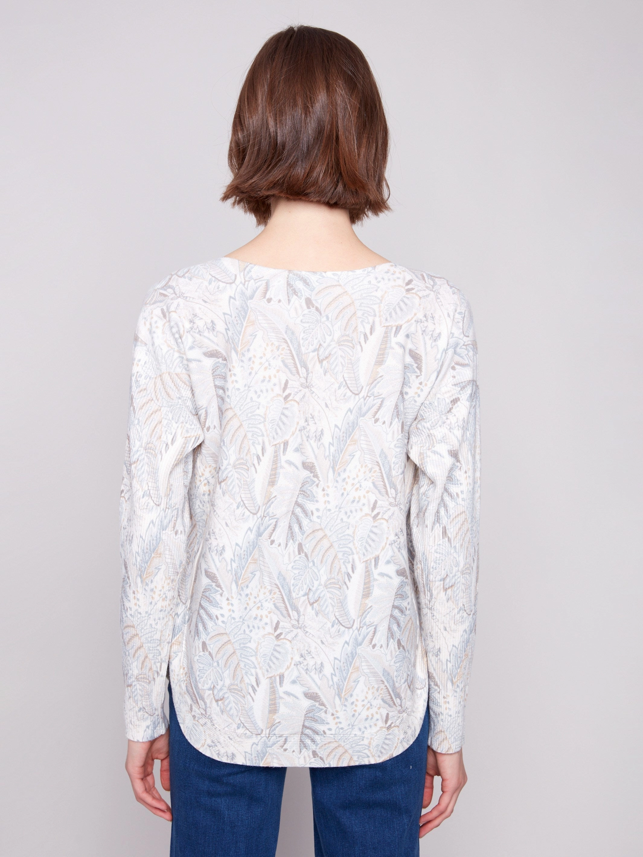 Printed Rounded Hem Sweater - Foliage Travel purpose hypoallergenic