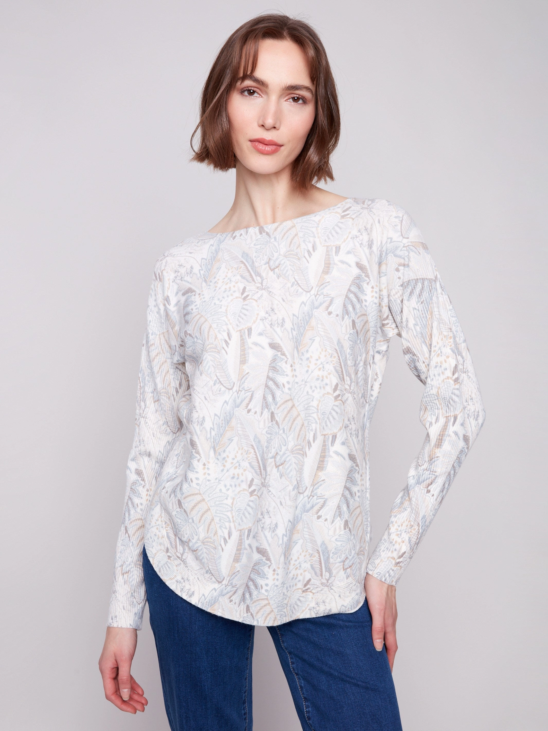 Organza Necklace Printed Rounded Hem Sweater - Foliage
