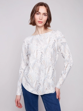 Organza Necklace Printed Rounded Hem Sweater - Foliage