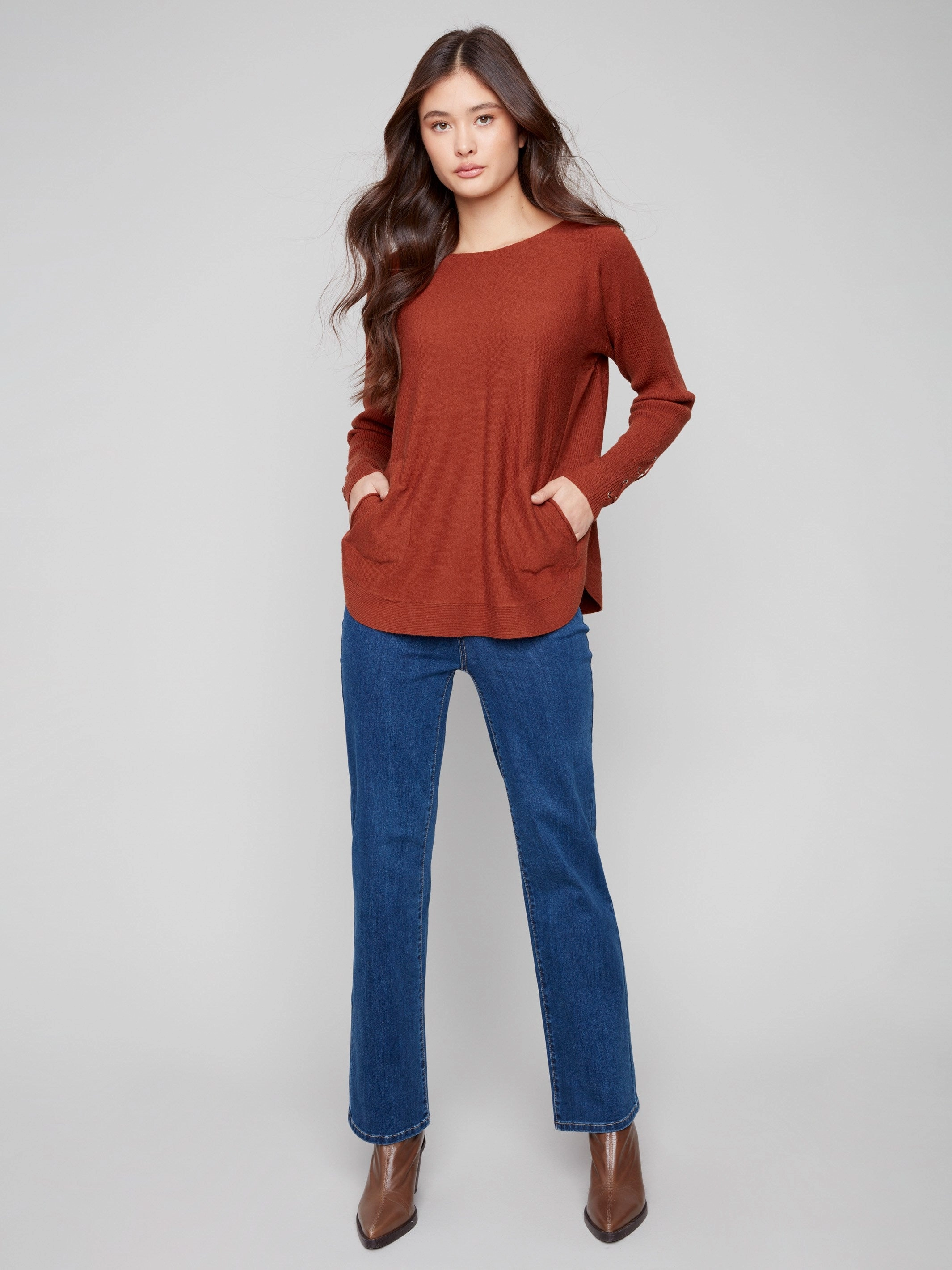 Knit Sweater With Lace-Up Cuffs - Sepia Floral Motif Vegan