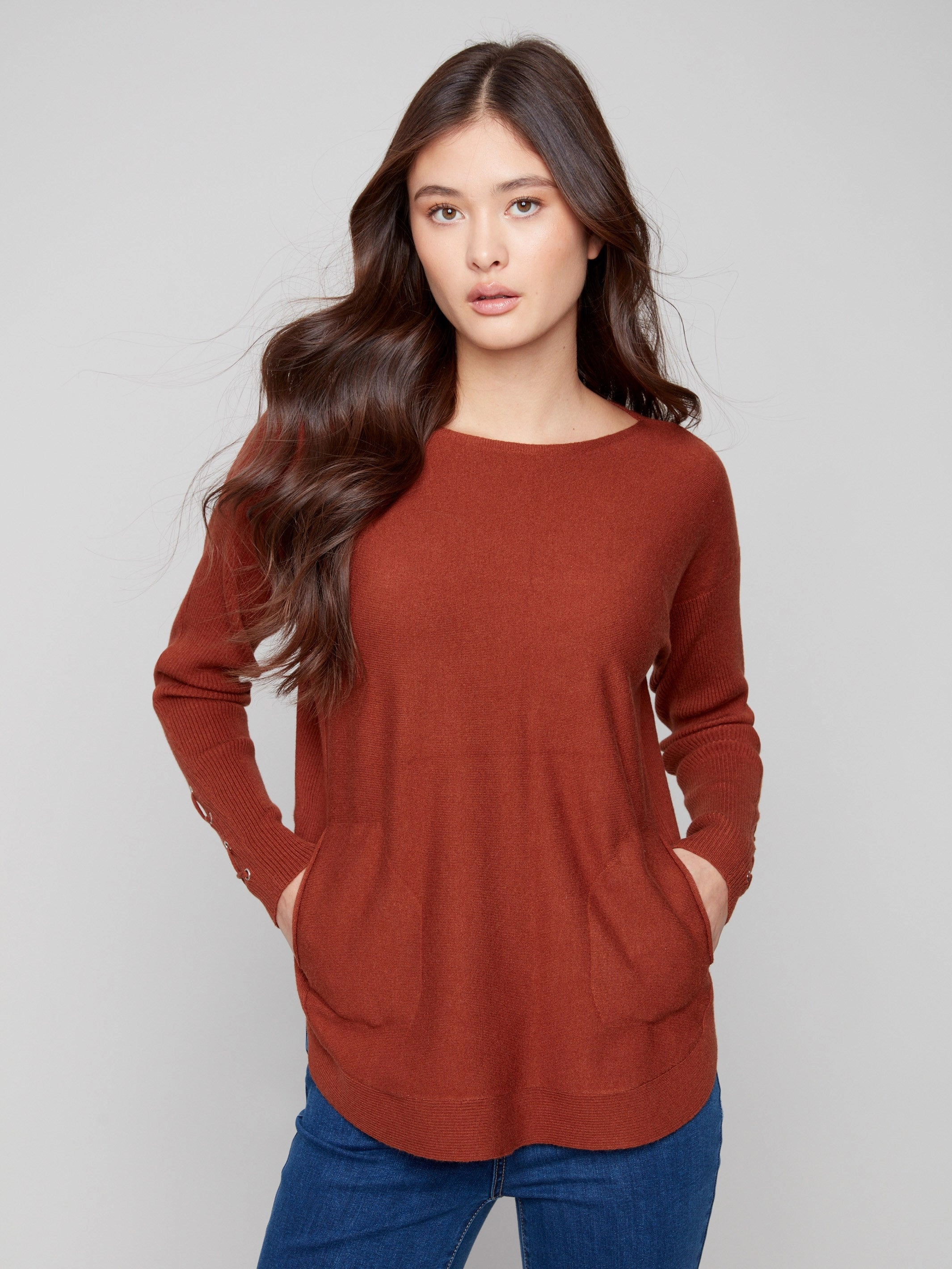 Short cuff Fuzzy Knit Sweater With Lace-Up Cuffs - Sepia